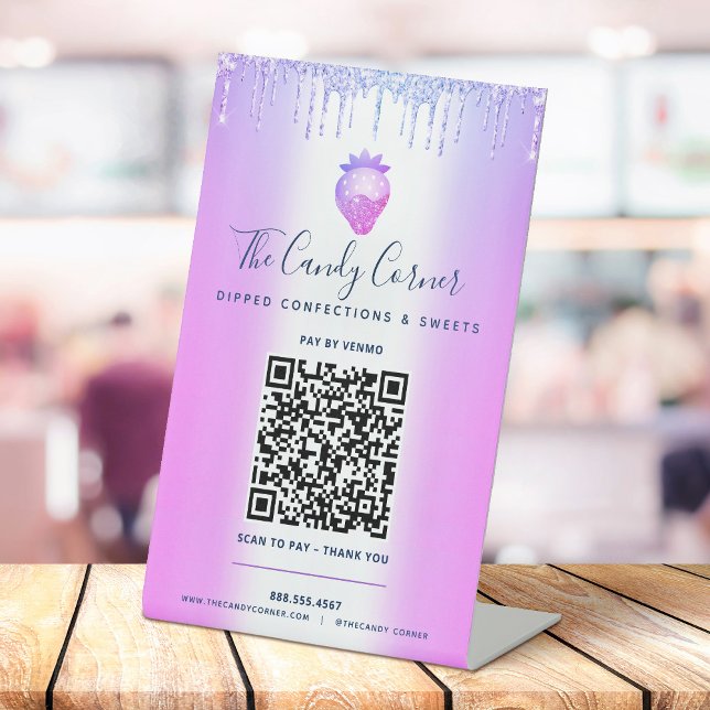 Purple QR Code Pay Here Strawberry Glitter Drips  Pedestal Sign (Creator Uploaded)