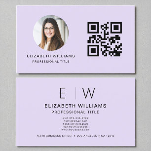 Purple QR Code Photo Monogram Minimalist Business Card