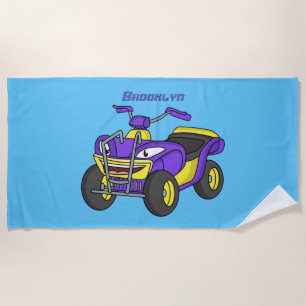 Purple Quad bike cartoon illustration Beach Towel