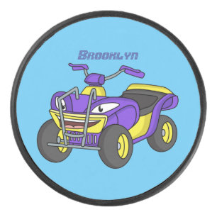 Purple Quad bike cartoon illustration Hockey Puck