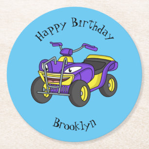 Purple Quad bike cartoon illustration Round Paper Coaster