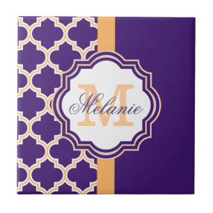 Purple Quatrefoil Monogram Ceramic Tile