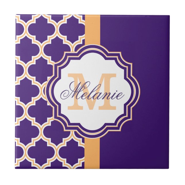 Purple Quatrefoil Monogram Ceramic Tile (Front)