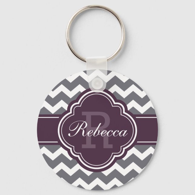 Purple Quatrefoil Monogram Grey Chevron Pattern Key Ring (Front)