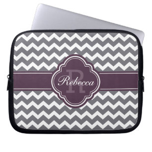 Purple Quatrefoil Monogram Grey Chevron Pattern Laptop Sleeve