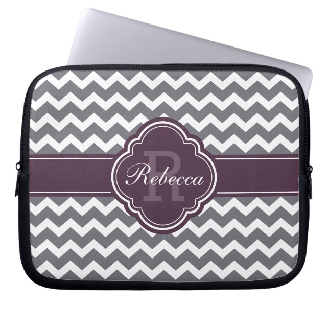 Purple Quatrefoil Monogram Grey Chevron Pattern Laptop Sleeve (Front)