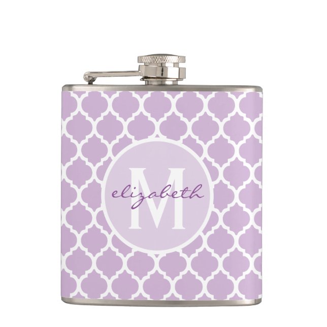 Purple Quatrefoil Monogram Hip Flask (Front)