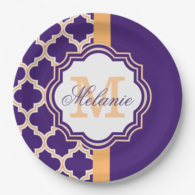 Purple Quatrefoil Monogram Paper Plate (Front)