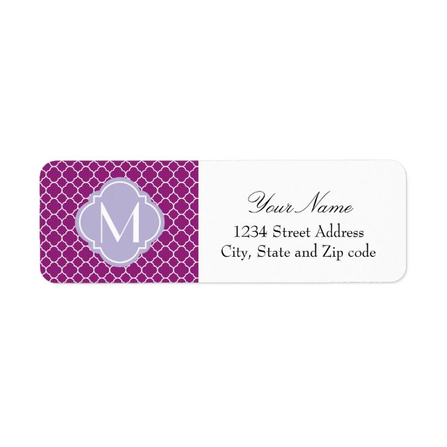 Purple Quatrefoil Pattern with Monogram Return Address Label (Front)