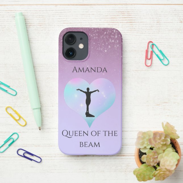 Purple Queen Of The Beam Gymnastics Personalised iPhone Case (On Desk)