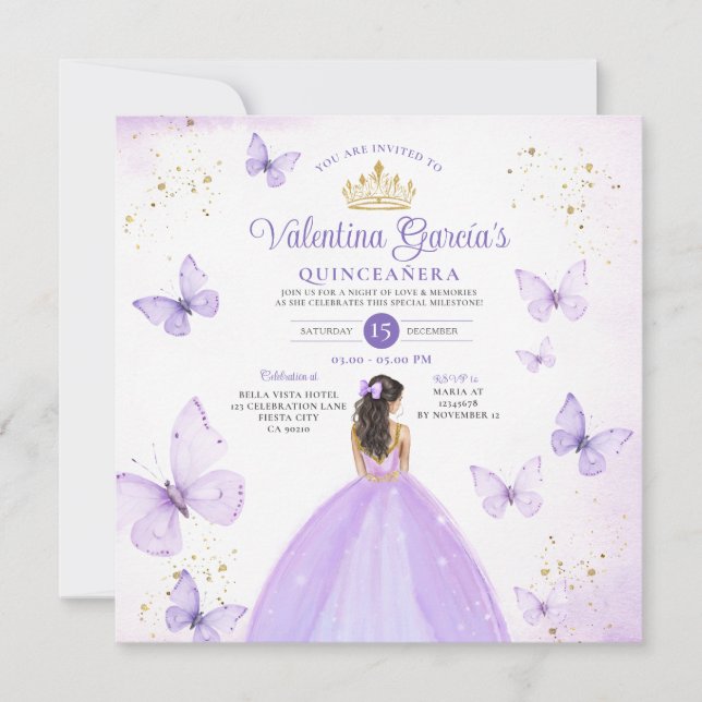 Purple Quinceañera 15 Anos Butterfly Gold Glitter Invitation (Front)