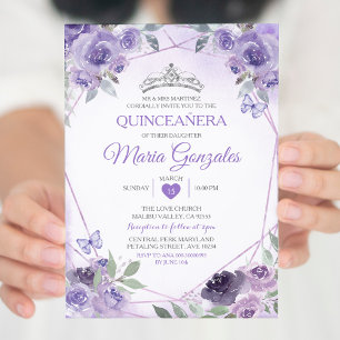 Purple Quinceañera 15 Anos Crown Mexican Butterfly Invitation
