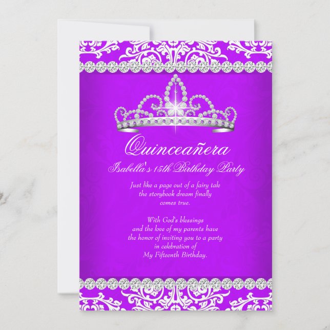 Purple Quinceanera 15th Birthday Party Tiara 2 Invitation (Front)