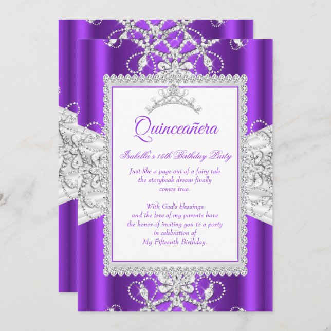 Purple Quinceanera 15th Birthday Party Tiara Invitation (Front/Back)