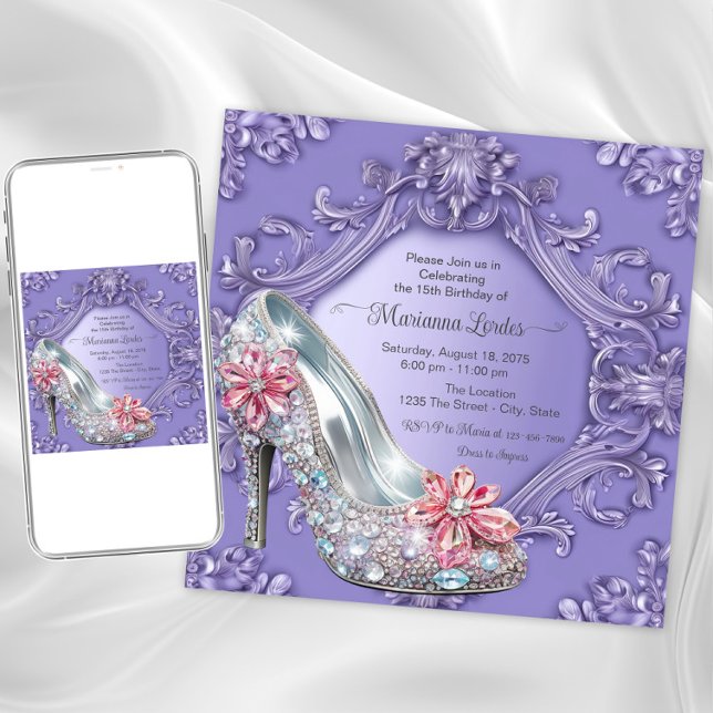Purple Quinceañera Birthday Party Invitation (Purple jewel shoe any occasion invitation. Instant download and printed invitations available.)