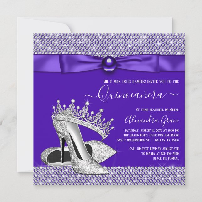 Purple Quinceanera Diamond Tiara Princess Invitation (Front)