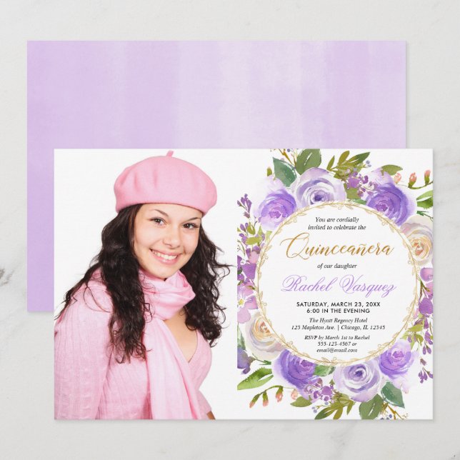 Purple Quinceanera floral lavender lilac photo Invitation (Front/Back)