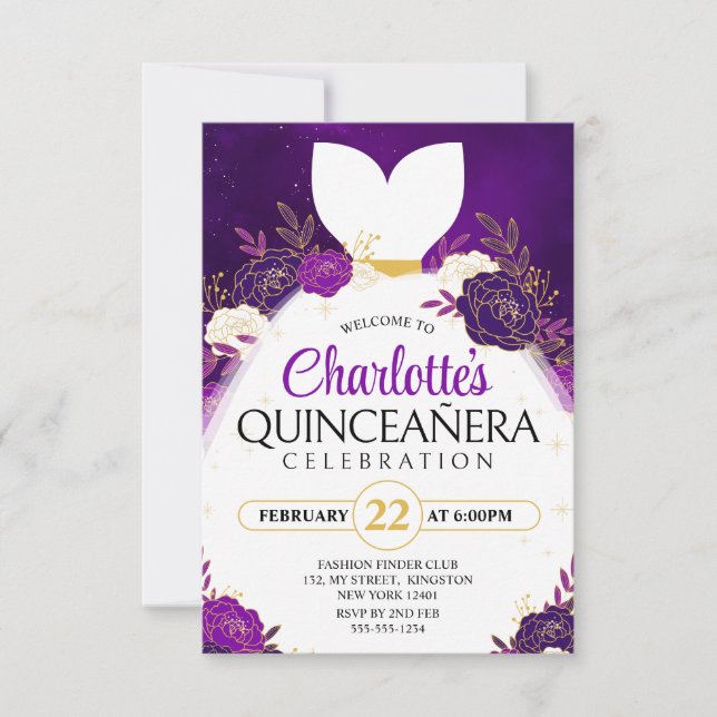 Purple Quinceañera﻿ Floral White Princess Dress Invitation (Front)