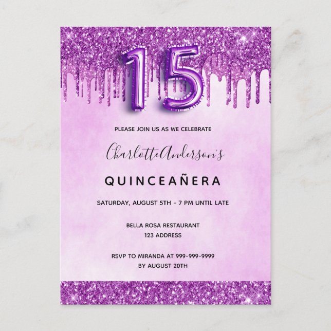 Purple Quinceanera glitter pink elegant luxurious Invitation Postcard (Front)