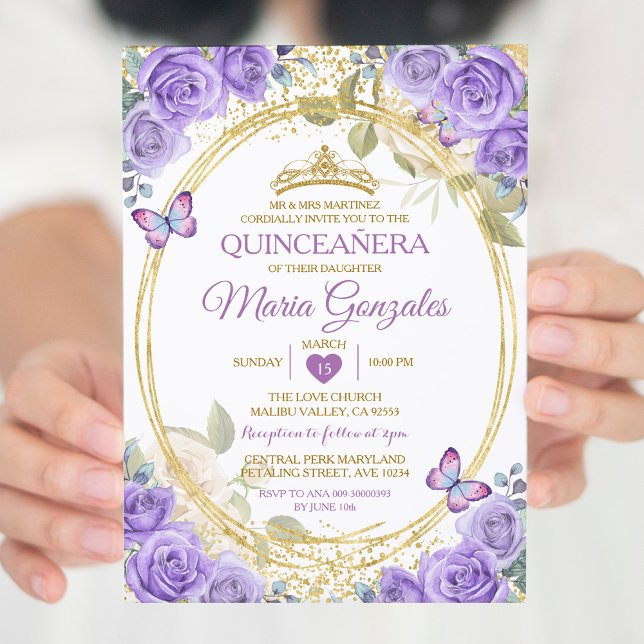 Purple Quinceañera Gold Crown Glitter Butterfly Invitation (Creator Uploaded)