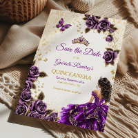 Purple Quinceañera Golden Tiara  Roses Butterfly