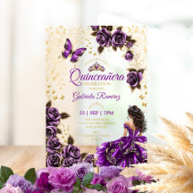 Purple Quinceañera Golden Tiara Roses Butterlies