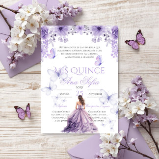 Purple quinceañera invitation with butterfiles