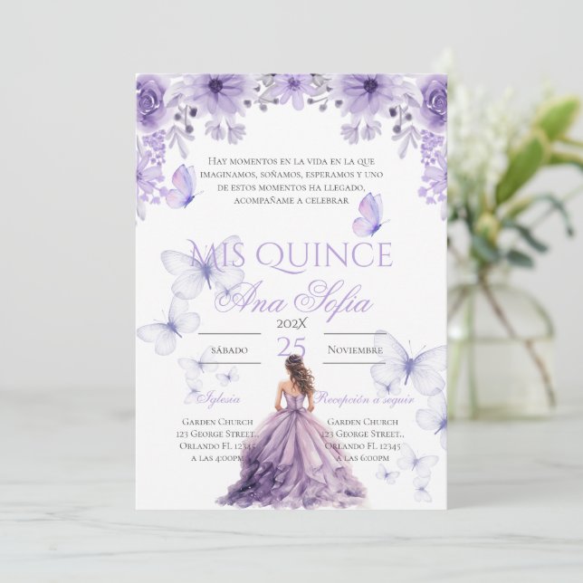 Purple quinceañera invitation with butterfiles (Standing Front)