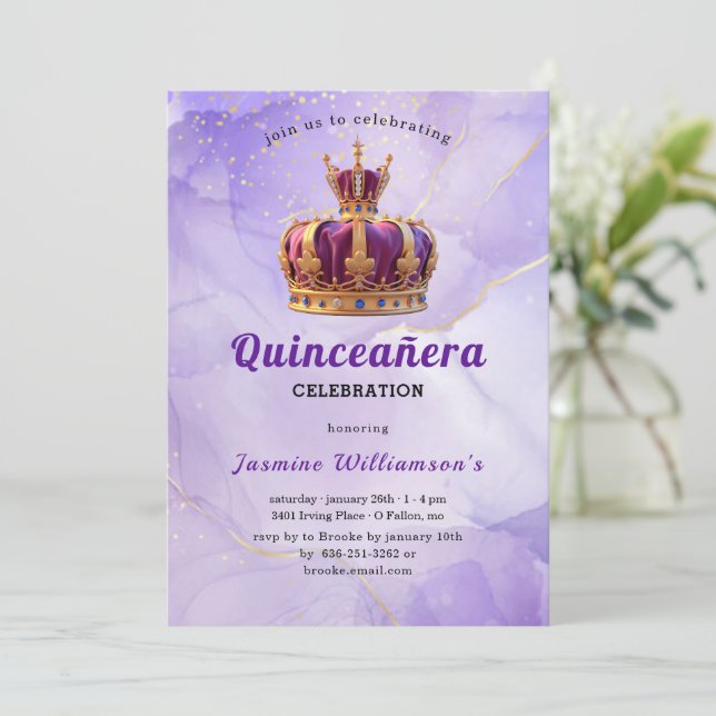 Purple Quinceanera Princess Crown Birthday Party  Invitation (Standing Front)