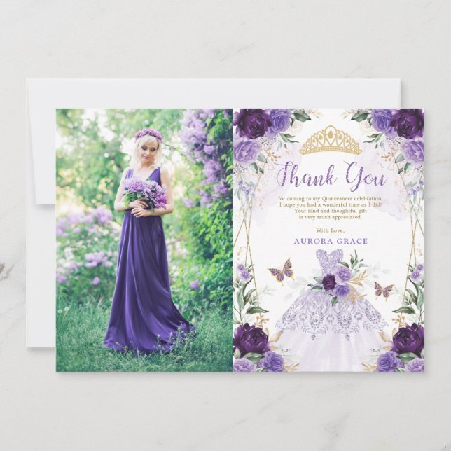 Purple Quinceañera Princess Dress Thank You Card (Front)