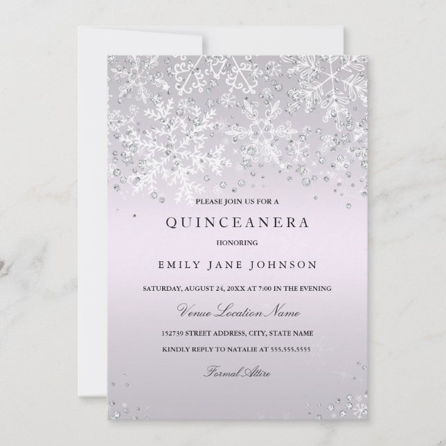 Purple Quinceanera Winter Wonderland Snowflakes Invitation (Front)