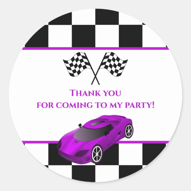 Purple Race Car | Kids Birthday Party Favour Classic Round Sticker (Front)