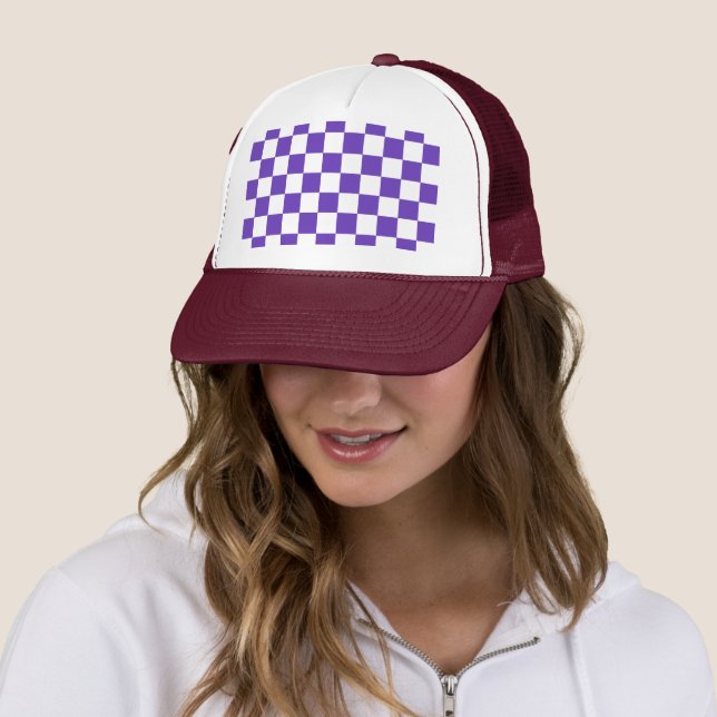 Purple Racing Chequered Flag Display Customisable Trucker Hat (In Situ)