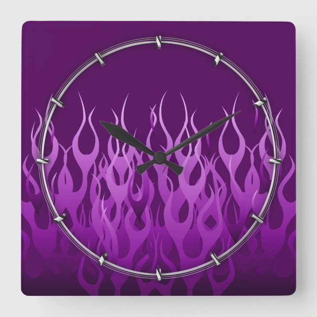 Purple Racing Flames Square Wall Clock (Front)