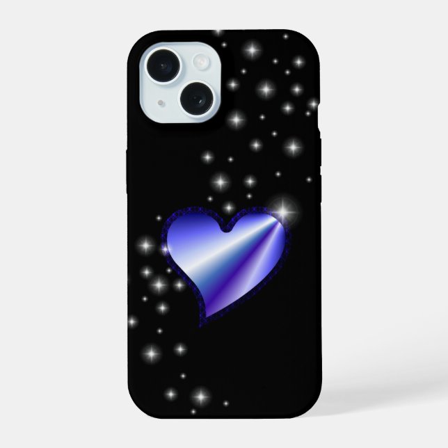 Purple Rainbow Heart with Stars on black iPhone 15 Case (Back)