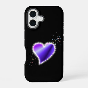 Purple Rainbow Heart with Stars on black iPhone 16 Case
