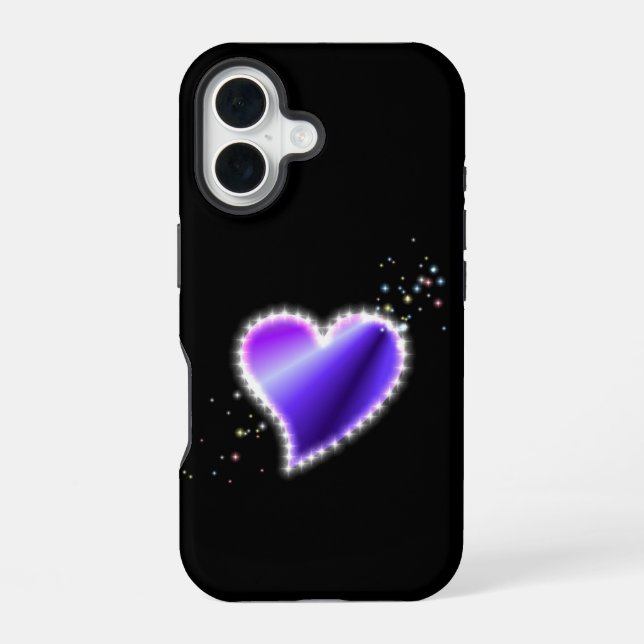 Purple Rainbow Heart with Stars on black iPhone 16 Case (Back)