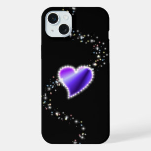 Purple Rainbow Heart with Stars on black iPhone 15 Plus Case