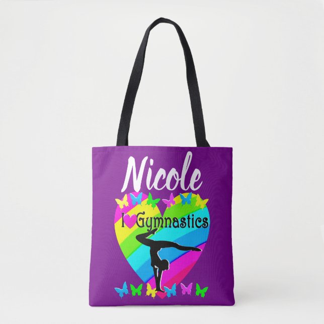 PURPLE RAINBOW I LOVE GYMNASTICS DESIGN TOTE BAG (Front)