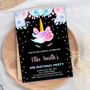 Purple Rainbow Pink Unicorn Birthday Invitations