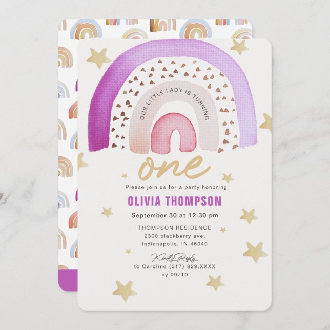 Purple Rainbow Stars First Birthday Party Invitation (Front/Back)