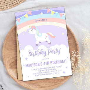 Purple Rainbow Unicorn Birthday Invitations