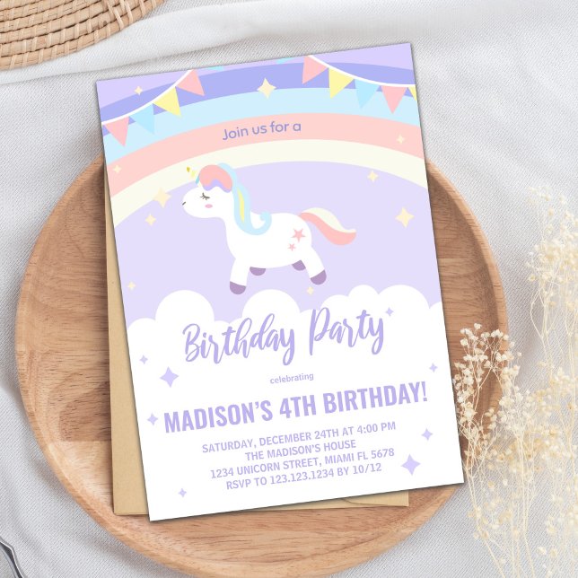 Purple Rainbow Unicorn Birthday Invitations (Purple Rainbow Unicorn Birthday Invitations)