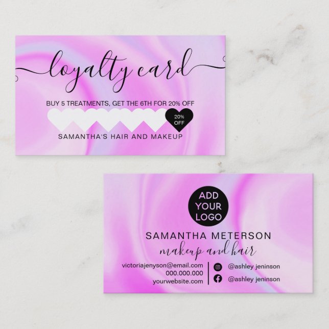 purple rainbow unicorn marble chic heart makeup loyalty card (Front/Back)