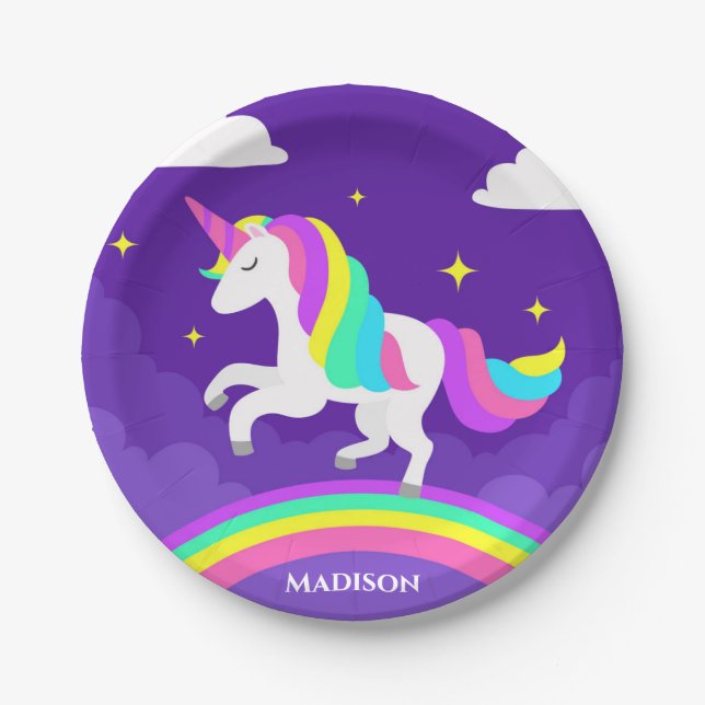 Purple Rainbow Unicorn Party Personalised Name Paper Plate (Front)