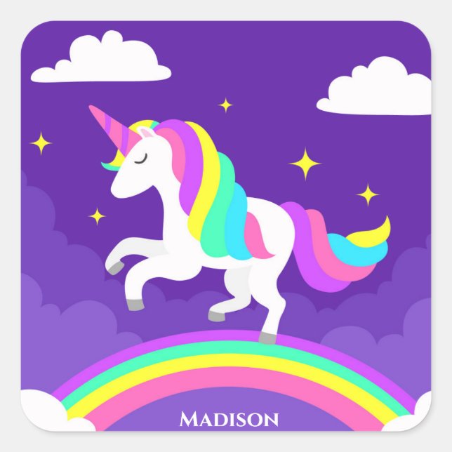 Purple Rainbow Unicorn Personalised Girly Cute Square Sticker (Front)