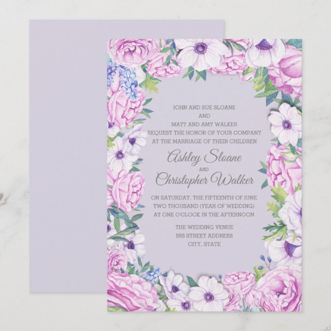 Purple Ranunculus Anenome Floral Wreath Wedding Invitation (Front/Back)