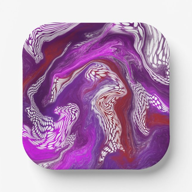 Purple Red Abstract Modern Marble Fluid Art Paper Plate (Front)