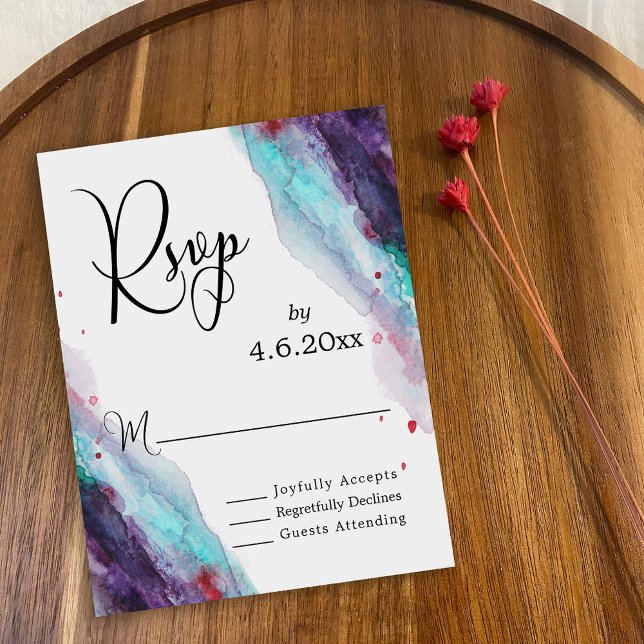 Purple Red Aqua Watercolor Modern Wedding RSVP (Creator Uploaded)