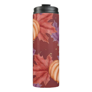 PURPLE & RED AUTUMN MAPLE LEAVES & PUMPKINS THERMAL TUMBLER